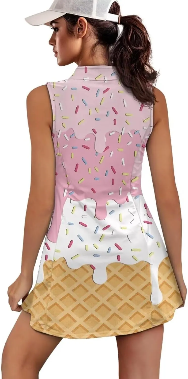 Women's Golf Tennis Dress Sleeveless Built in Shorts Golf Dress with Pockets Zipper Active Athletic Outfits