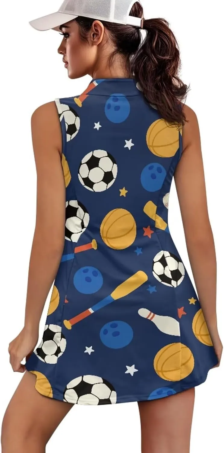 Women's Golf Tennis Dress Sleeveless Built in Shorts Golf Dress with Pockets Zipper Active Athletic Outfits