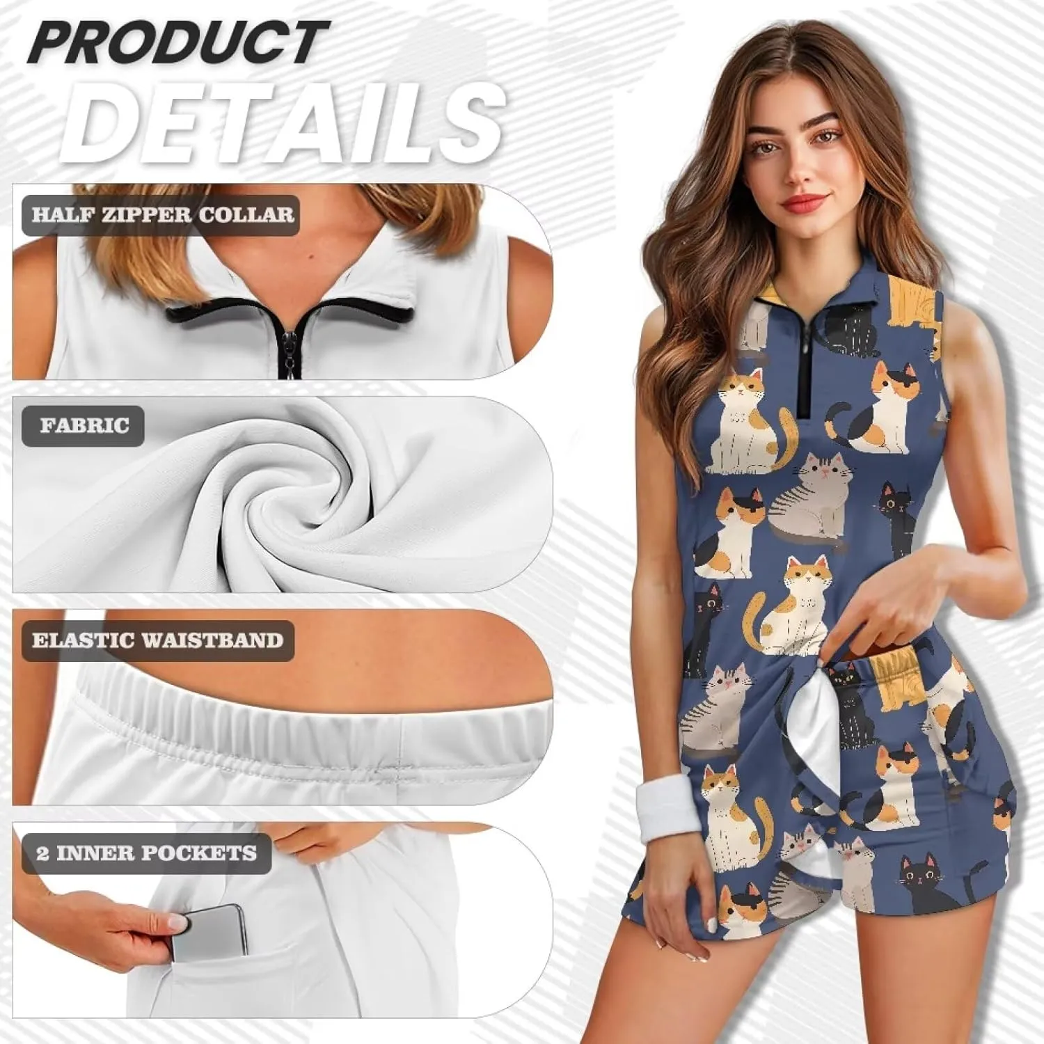 Women's Golf Tennis Dress Sleeveless Built in Shorts Golf Dress with Pockets Zipper Active Athletic Outfits
