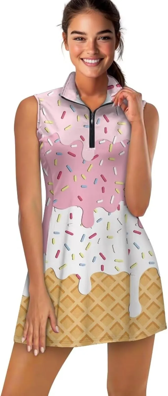 Women's Golf Tennis Dress Sleeveless Built in Shorts Golf Dress with Pockets Zipper Active Athletic Outfits