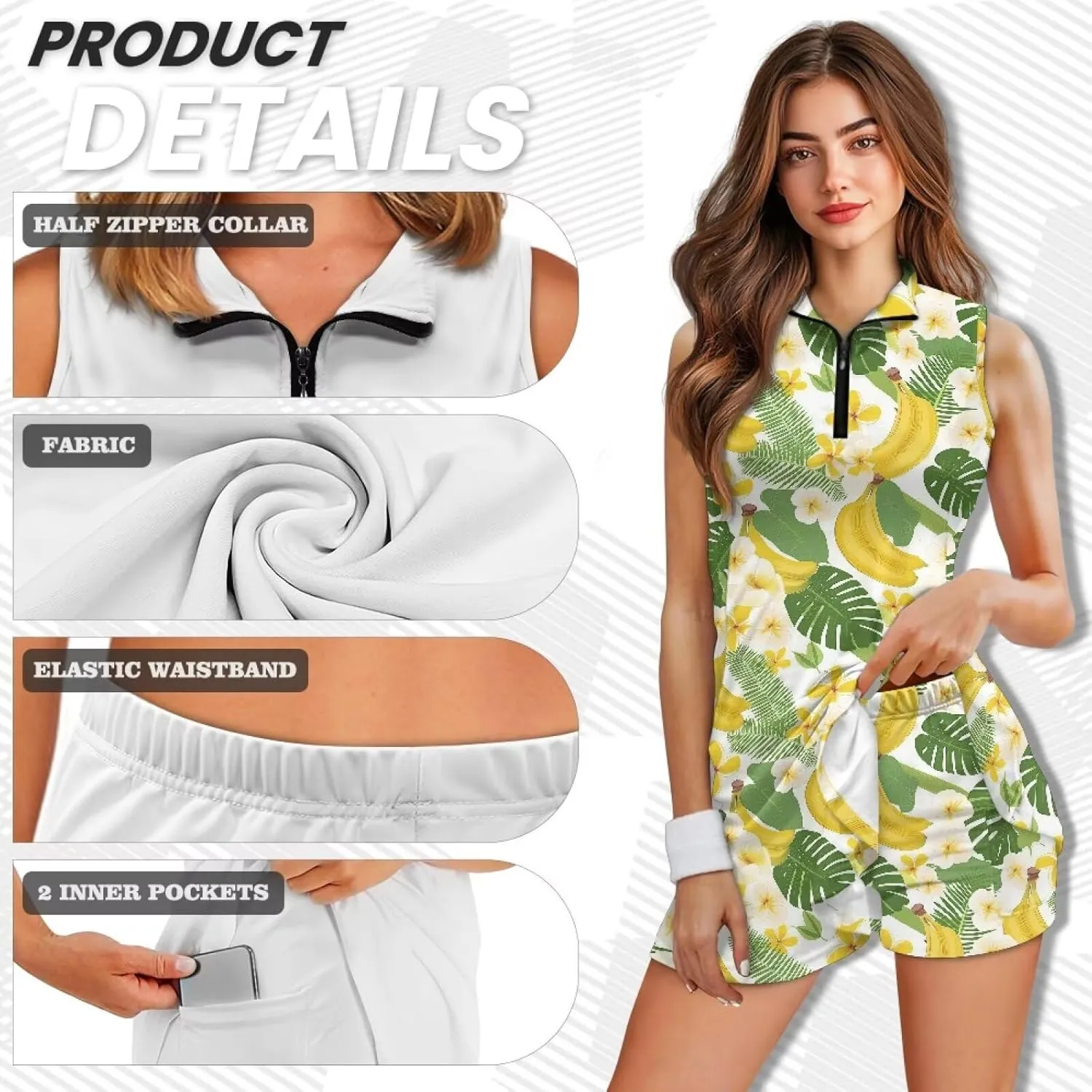 Women's Golf Tennis Dress Sleeveless Built in Shorts Golf Dress with Pockets Zipper Active Athletic Outfits