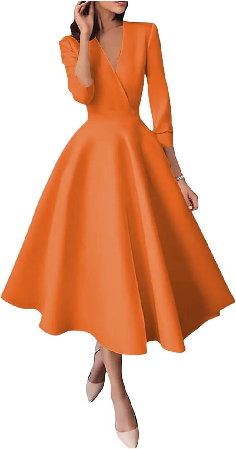 Women's Half Sleeves Tea Length Wedding Guest Dress Satin A Line Midi Evening Dress Elegant Prom Party Dress