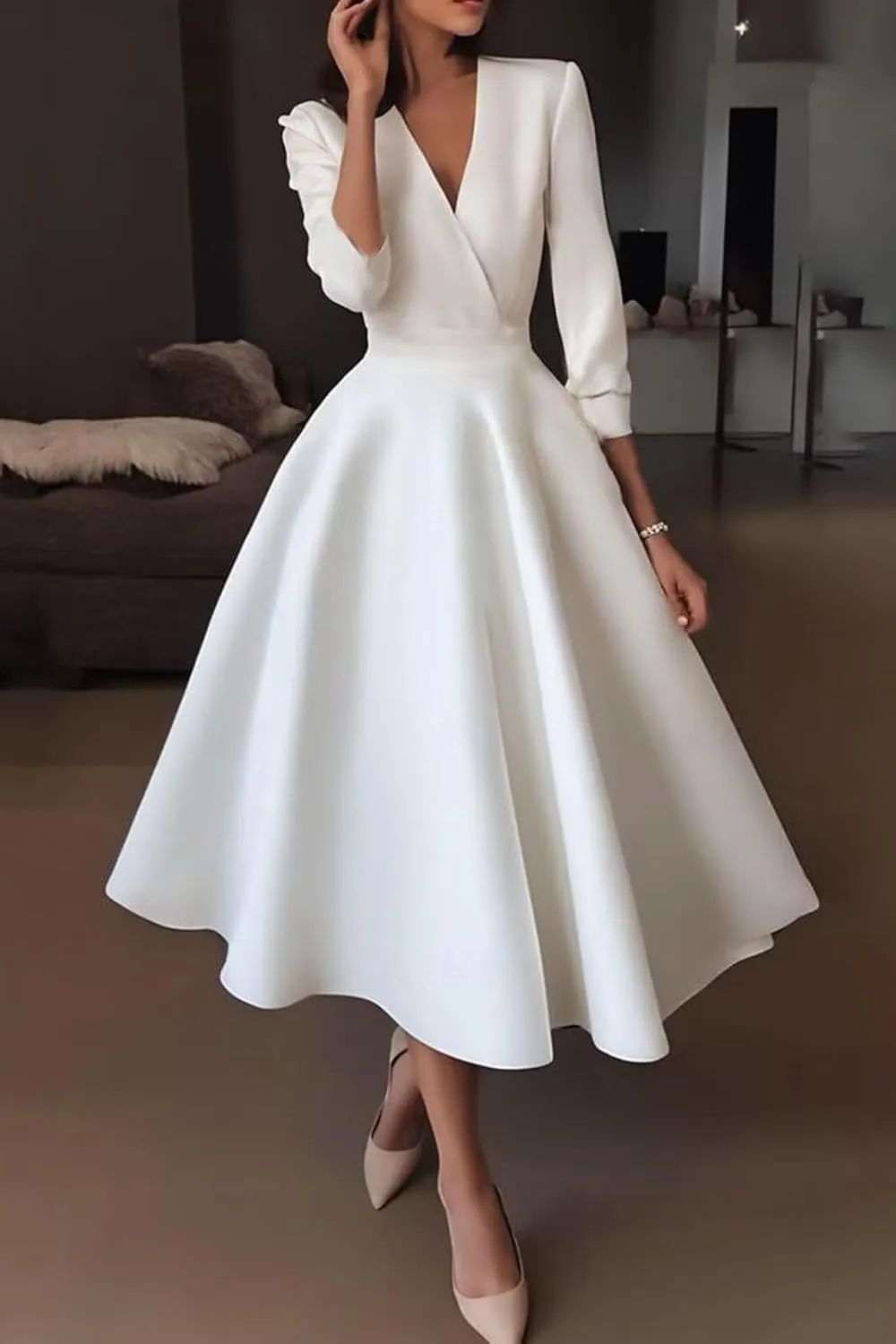 Women's Half Sleeves Tea Length Wedding Guest Dress Satin A Line Midi Evening Dress Elegant Prom Party Dress