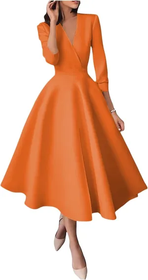 Women's Half Sleeves Tea Length Wedding Guest Dress Satin A Line Midi Evening Dress Elegant Prom Party Dress