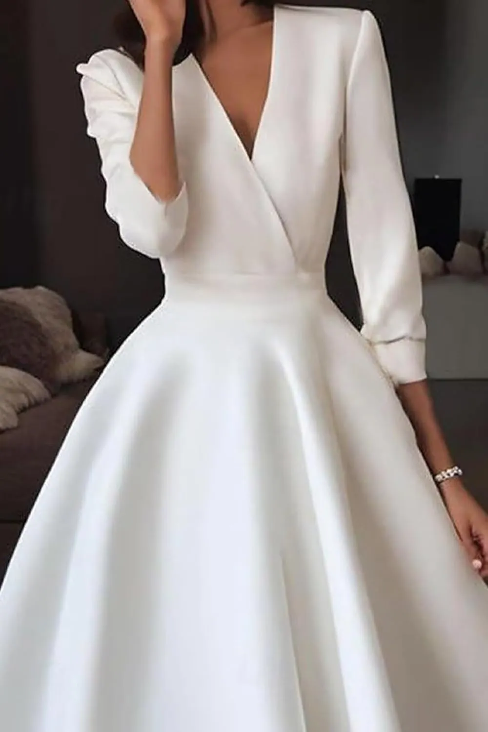 Women's Half Sleeves Tea Length Wedding Guest Dress Satin A Line Midi Evening Dress Elegant Prom Party Dress