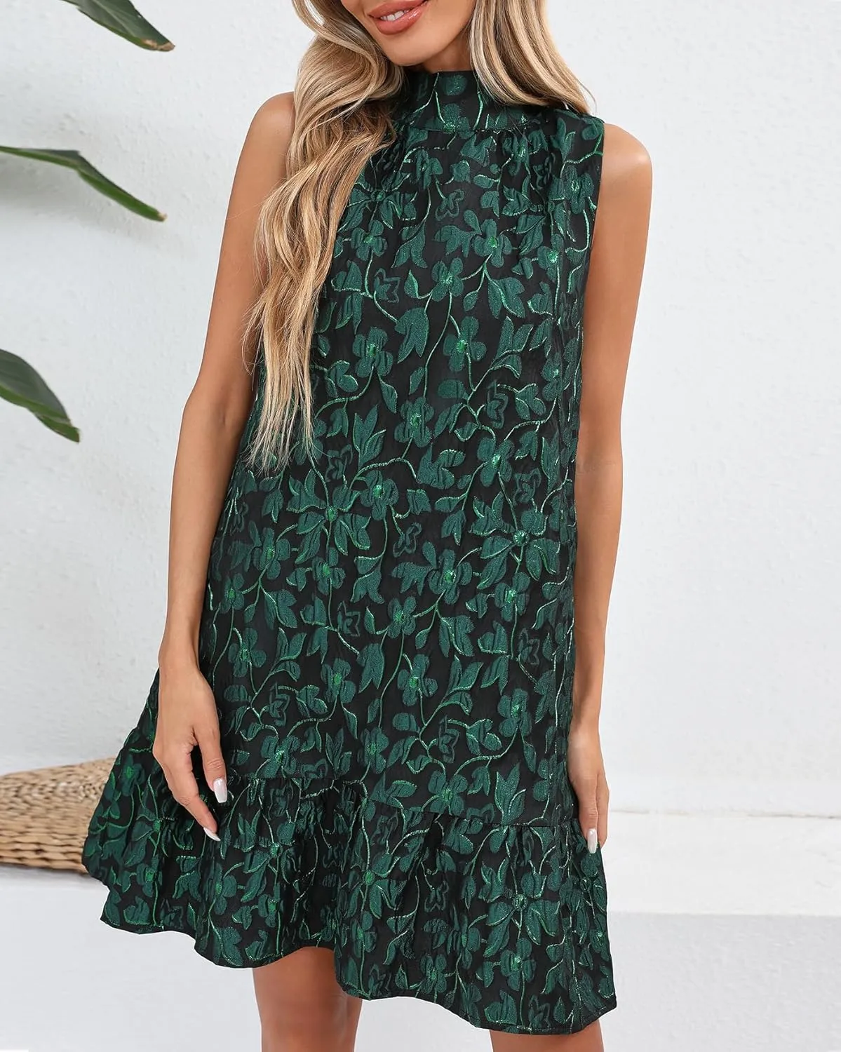 Women's Jacquard Tie Back Mini Swing Dress Mock Neck Sleeveless Ruffle Hem A-line Party Cocktail Dresses