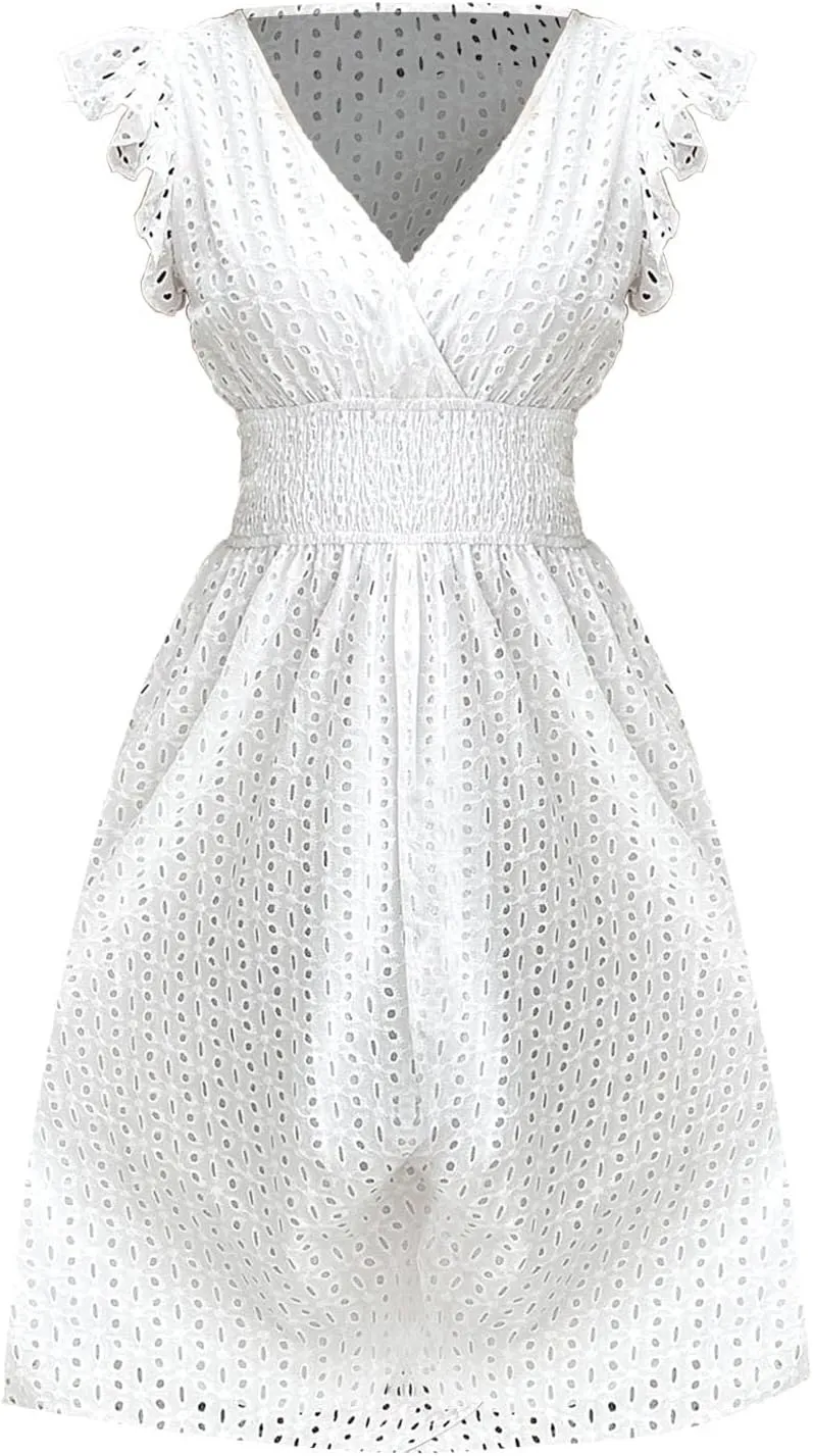 Women's Lace Jacquard Cutout Maxi Dress Summer Casual Boho Dress Ruffle Sleeve A Line Dresses Flowy Swing Sun Dress