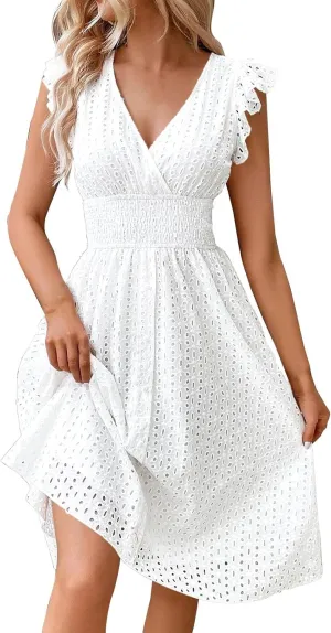 Women's Lace Jacquard Cutout Maxi Dress Summer Casual Boho Dress Ruffle Sleeve A Line Dresses Flowy Swing Sun Dress