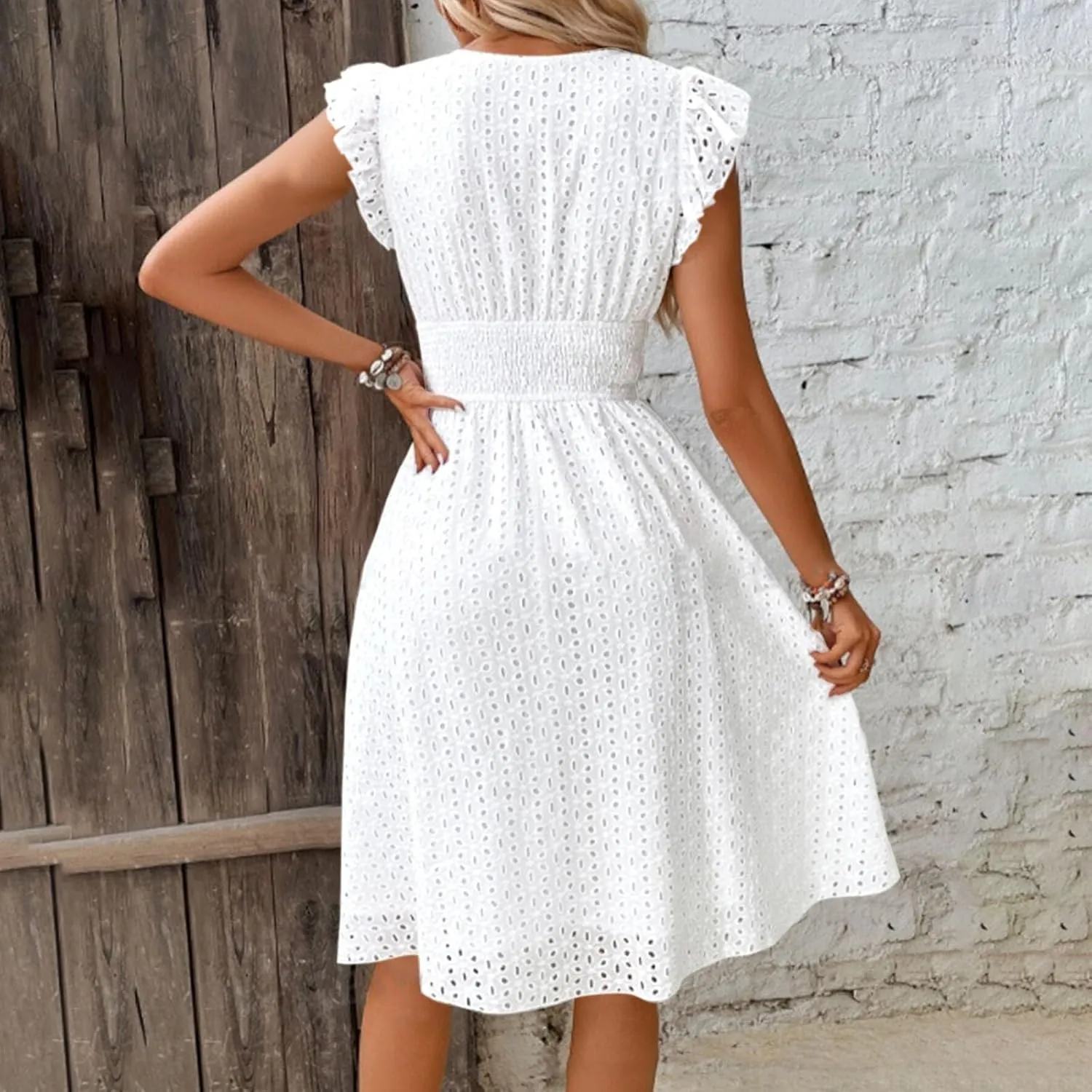 Women's Lace Jacquard Cutout Maxi Dress Summer Casual Boho Dress Ruffle Sleeve A Line Dresses Flowy Swing Sun Dress