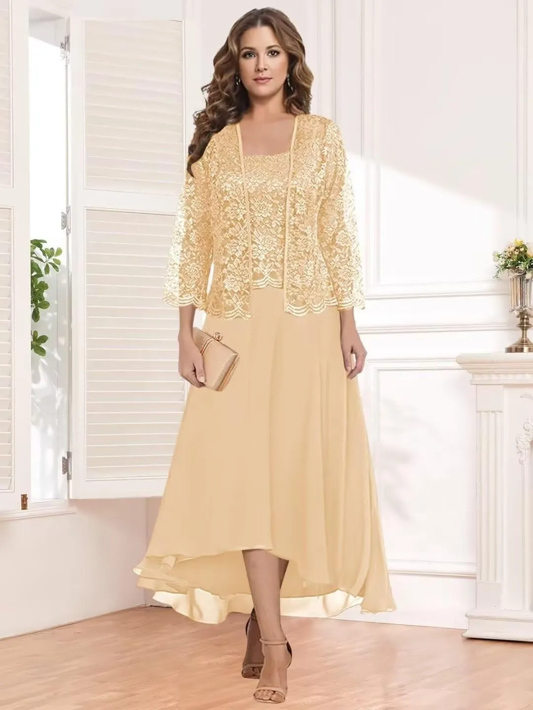 Women's Lace Mother of The Bride Dresses with Jacket 3/4 Sleeve Chiffon Long Formal Dresses Prom Evening Gowns