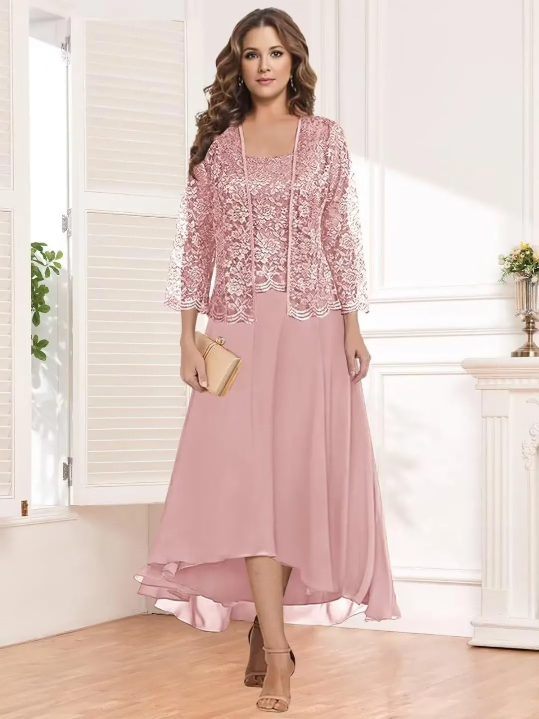 Women's Lace Mother of The Bride Dresses with Jacket 3/4 Sleeve Chiffon Long Formal Dresses Prom Evening Gowns