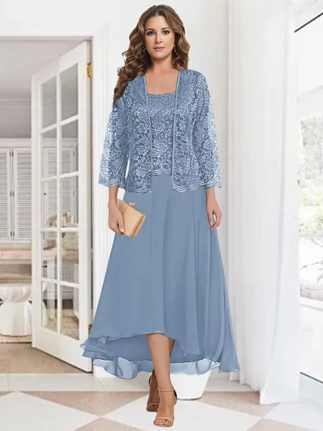 Women's Lace Mother of The Bride Dresses with Jacket 3/4 Sleeve Chiffon Long Formal Dresses Prom Evening Gowns