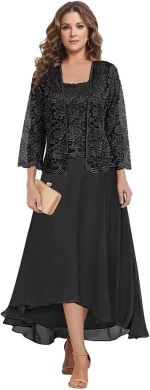 Women's Lace Mother of The Bride Dresses with Jacket 3/4 Sleeve Chiffon Long Formal Dresses Prom Evening Gowns