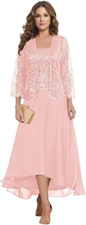 Women's Lace Mother of The Bride Dresses with Jacket 3/4 Sleeve Chiffon Long Formal Dresses Prom Evening Gowns