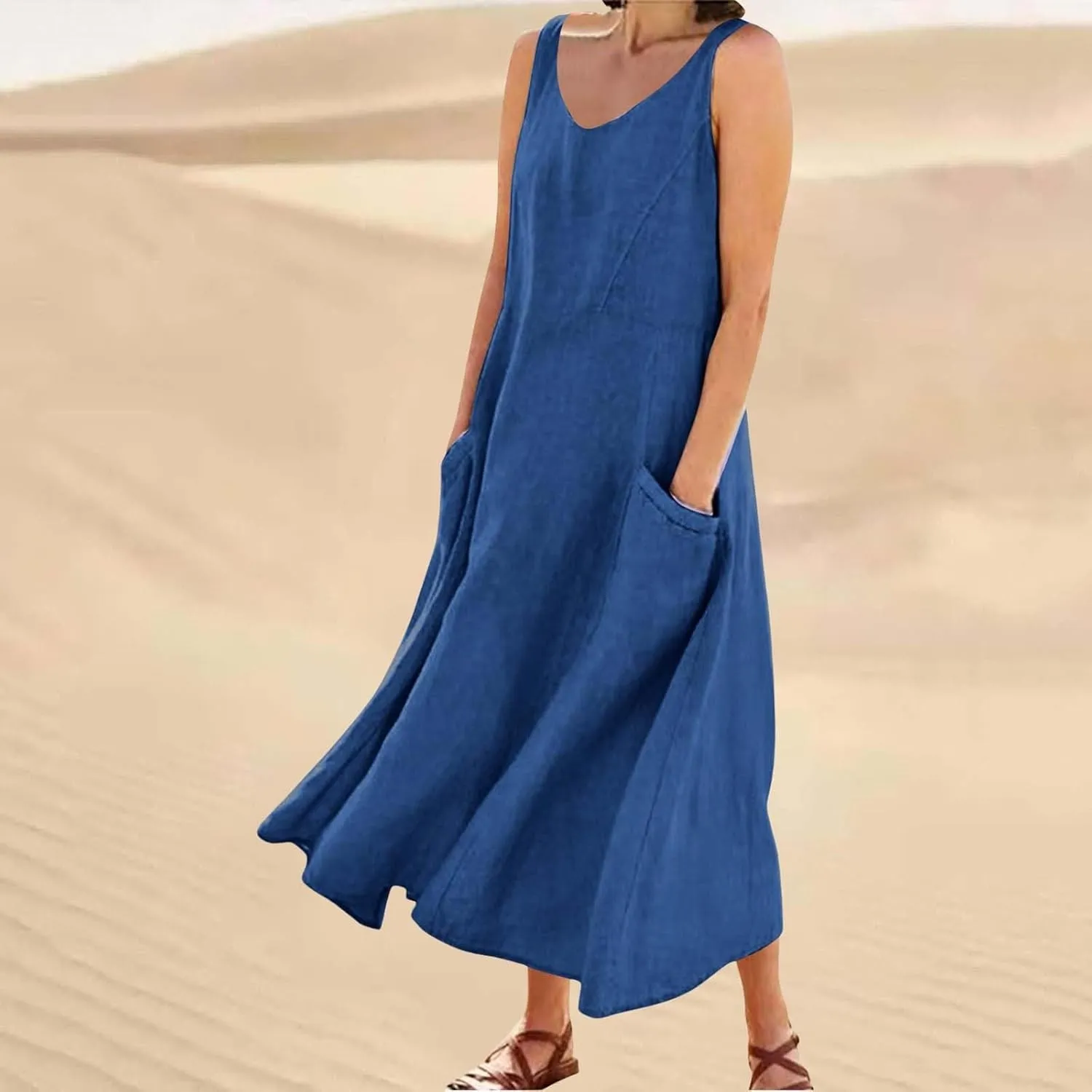 Womens Linen Dresses 2025 Boho Sleeveless Halter Dress Maxi Flowy Cute Plus Size Sundresses Dressy Casaul Vacation