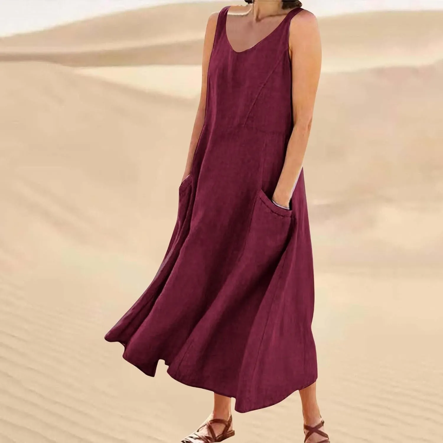 Womens Linen Dresses 2025 Boho Sleeveless Halter Dress Maxi Flowy Cute Plus Size Sundresses Dressy Casaul Vacation