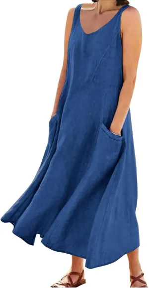 Womens Linen Dresses 2025 Boho Sleeveless Halter Dress Maxi Flowy Cute Plus Size Sundresses Dressy Casaul Vacation