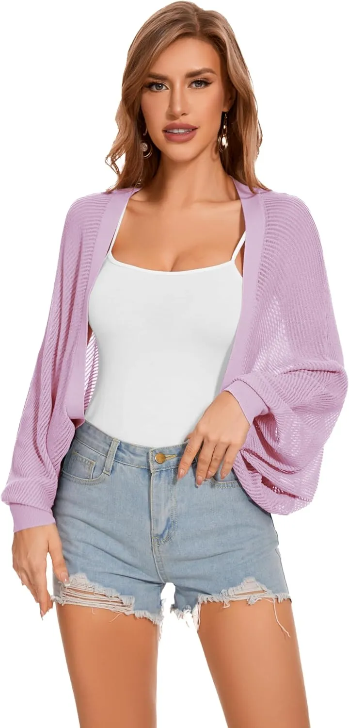 Women's Long Batwing Sleeve Shrug Cardigan Lightweight Cropped Bolero Open Front Casual Knit Top for Dresses