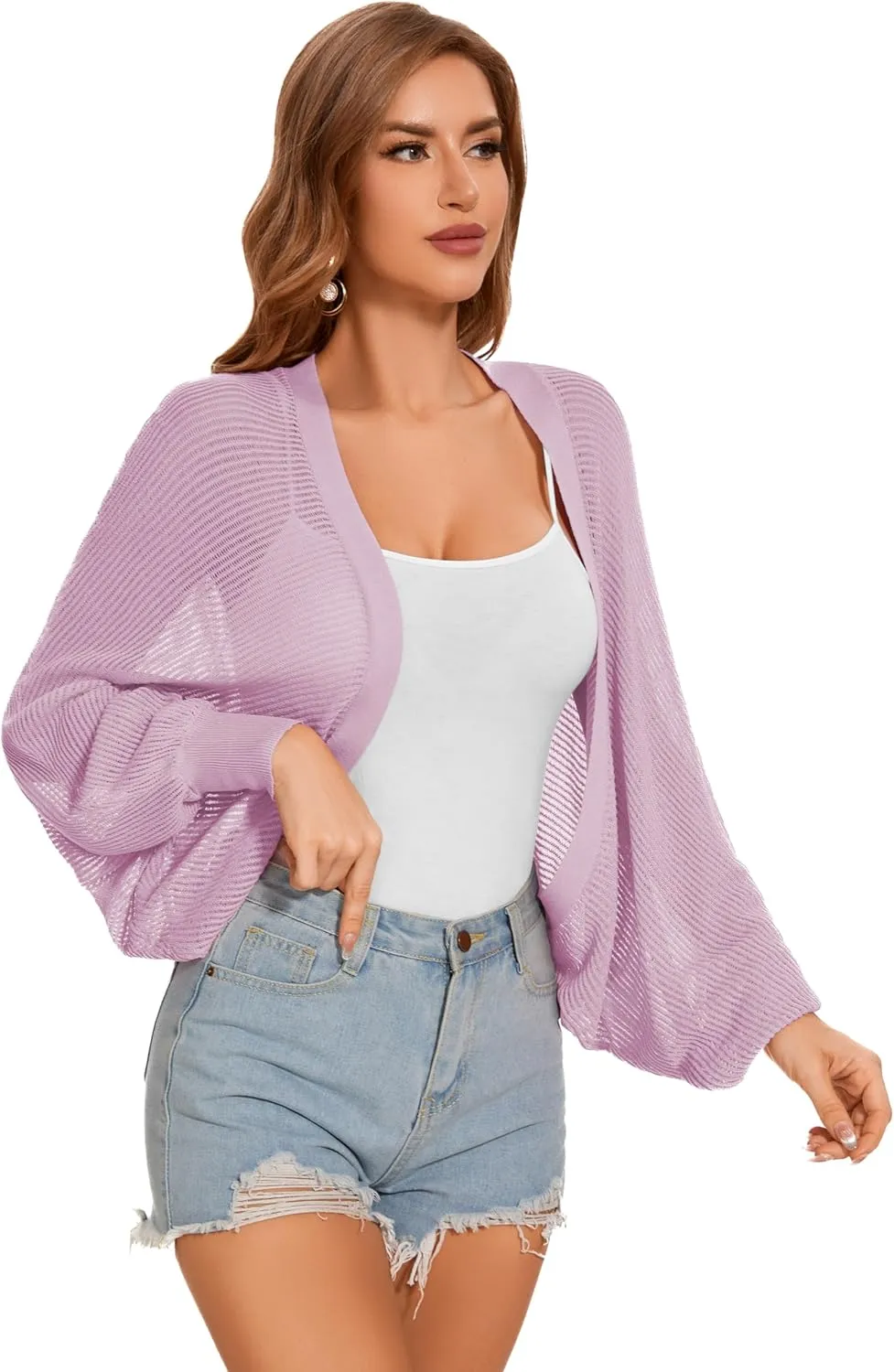 Women's Long Batwing Sleeve Shrug Cardigan Lightweight Cropped Bolero Open Front Casual Knit Top for Dresses