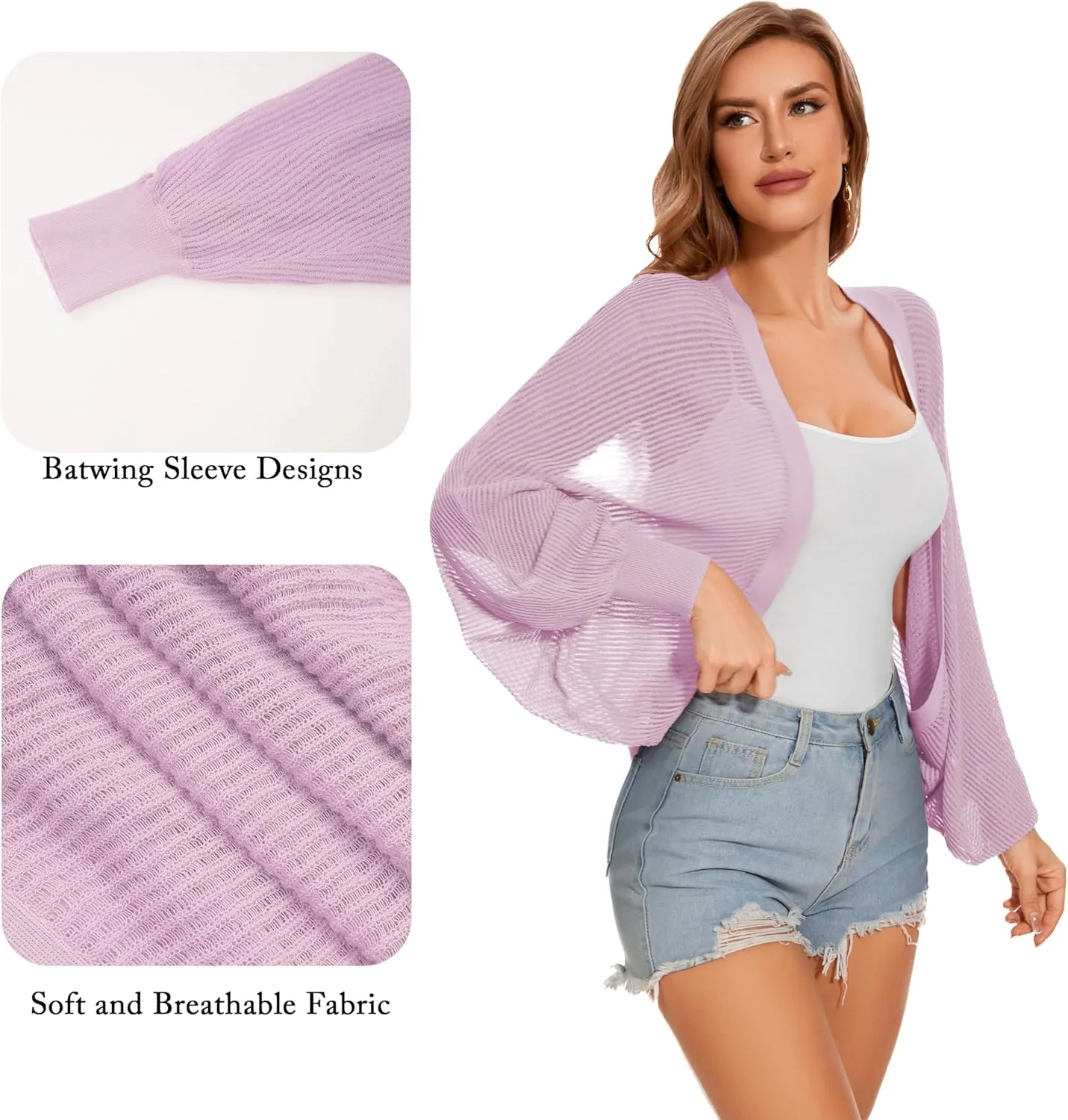 Women's Long Batwing Sleeve Shrug Cardigan Lightweight Cropped Bolero Open Front Casual Knit Top for Dresses