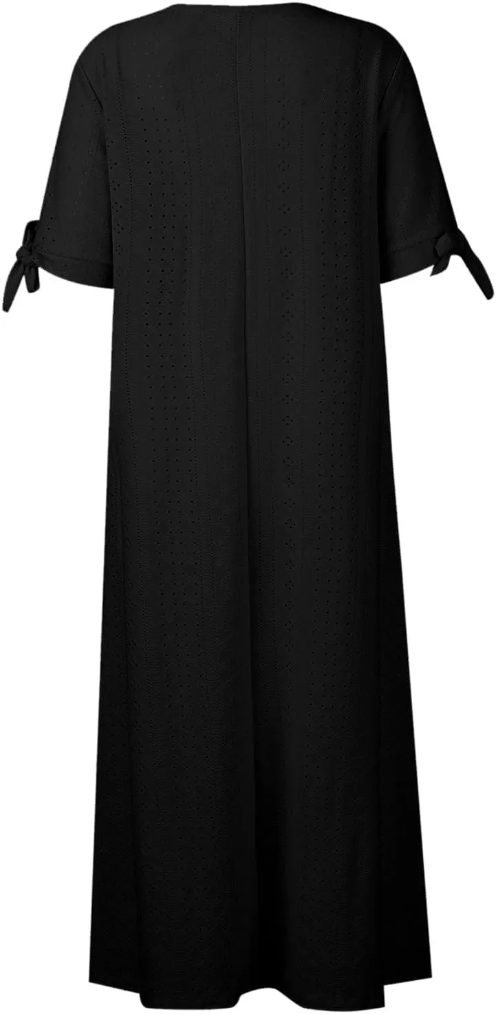Women's Maxi Dresses 2025 Summer Casual Loose Trendy Short Sleeve Round Neck Solid Floral Printed Maxi Dress, S-3XL