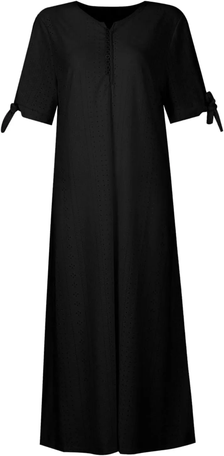 Women's Maxi Dresses 2025 Summer Casual Loose Trendy Short Sleeve Round Neck Solid Floral Printed Maxi Dress, S-3XL