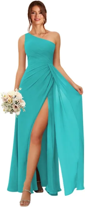 Women's One Shoulder Bridesmaid Dresses Long A-Line Ruched Split Formal Prom Evening Dress MA08