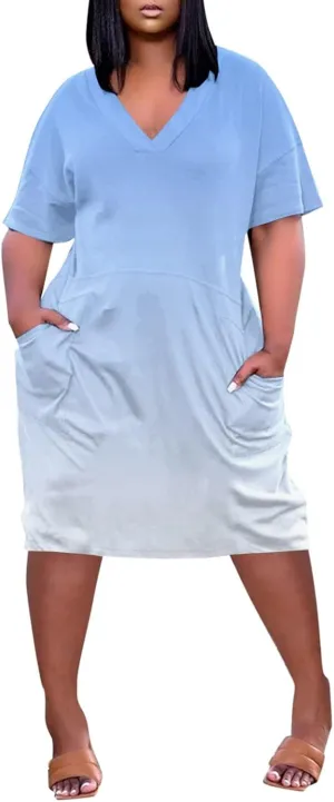 Women's Plus Size Dresses Short Sleeve V Neck Midi Beach Vacation Casual Dress with Pockets for Curvy Women