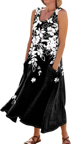 Womens Plus Size Summer Dresses 2025 Gradient Ombre Trendy Casual Vacation Sleeveless Boho Tank Midi Pockets Sundresses