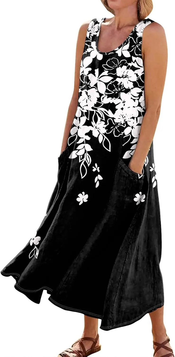Womens Plus Size Summer Dresses 2025 Gradient Ombre Trendy Casual Vacation Sleeveless Boho Tank Midi Pockets Sundresses