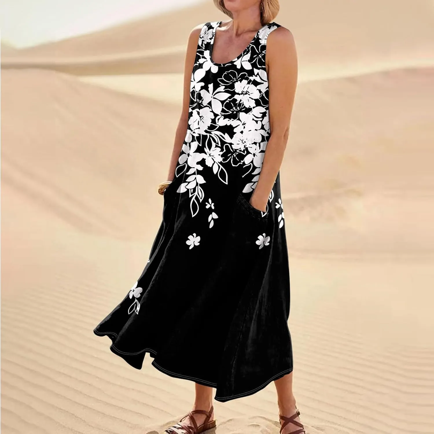Womens Plus Size Summer Dresses 2025 Gradient Ombre Trendy Casual Vacation Sleeveless Boho Tank Midi Pockets Sundresses