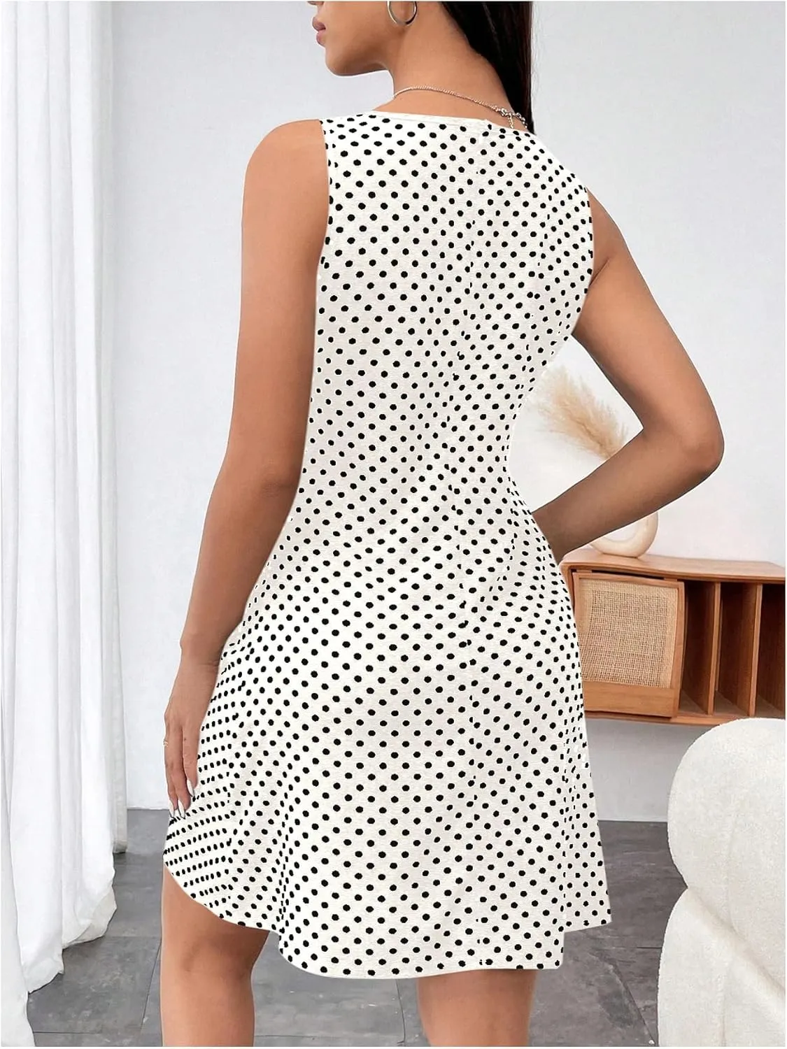 Women's Polka Dots V Neck Tank Dress Sleeveless Summer A Line Dresses Sexy Mini Dress
