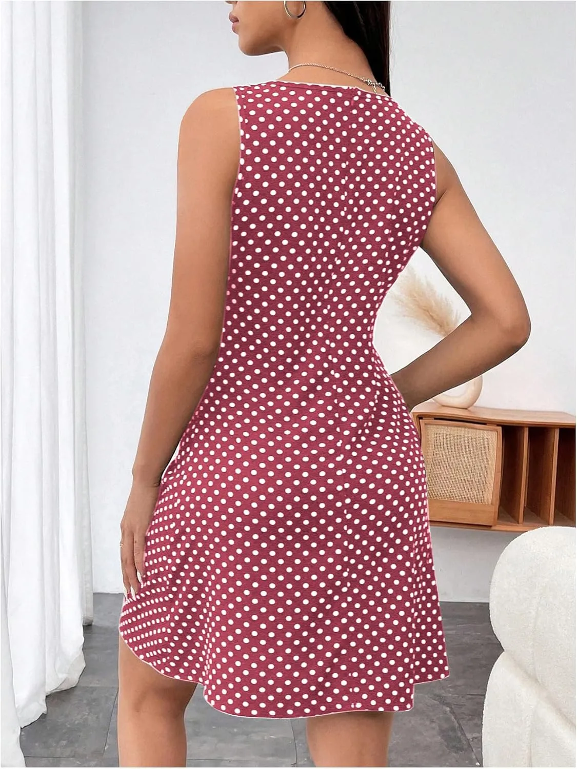 Women's Polka Dots V Neck Tank Dress Sleeveless Summer A Line Dresses Sexy Mini Dress