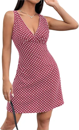 Women's Polka Dots V Neck Tank Dress Sleeveless Summer A Line Dresses Sexy Mini Dress
