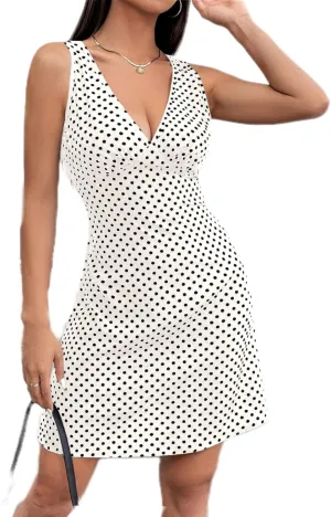 Women's Polka Dots V Neck Tank Dress Sleeveless Summer A Line Dresses Sexy Mini Dress