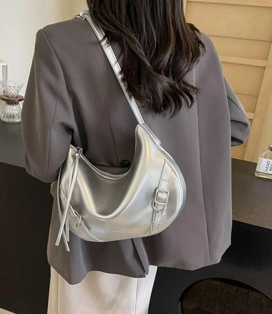 Womens PU Leather Hobo Bag Trendy Shoulder Bag Purse Slouchy Tote Bag Modern Handbag Satchel