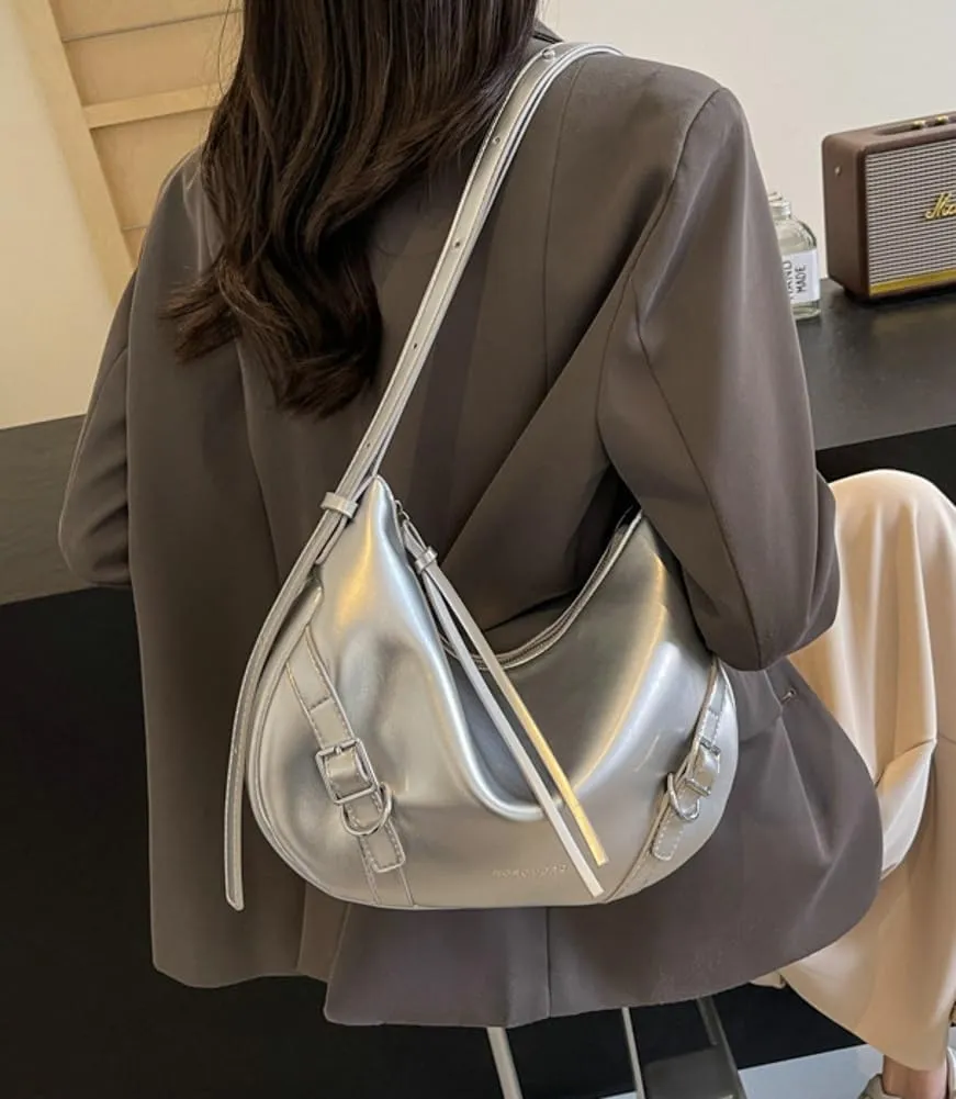 Womens PU Leather Hobo Bag Trendy Shoulder Bag Purse Slouchy Tote Bag Modern Handbag Satchel