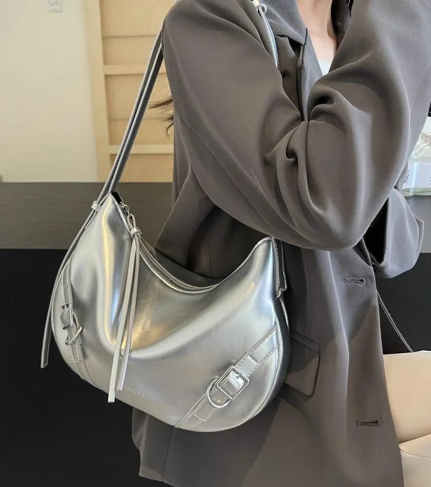 Womens PU Leather Hobo Bag Trendy Shoulder Bag Purse Slouchy Tote Bag Modern Handbag Satchel