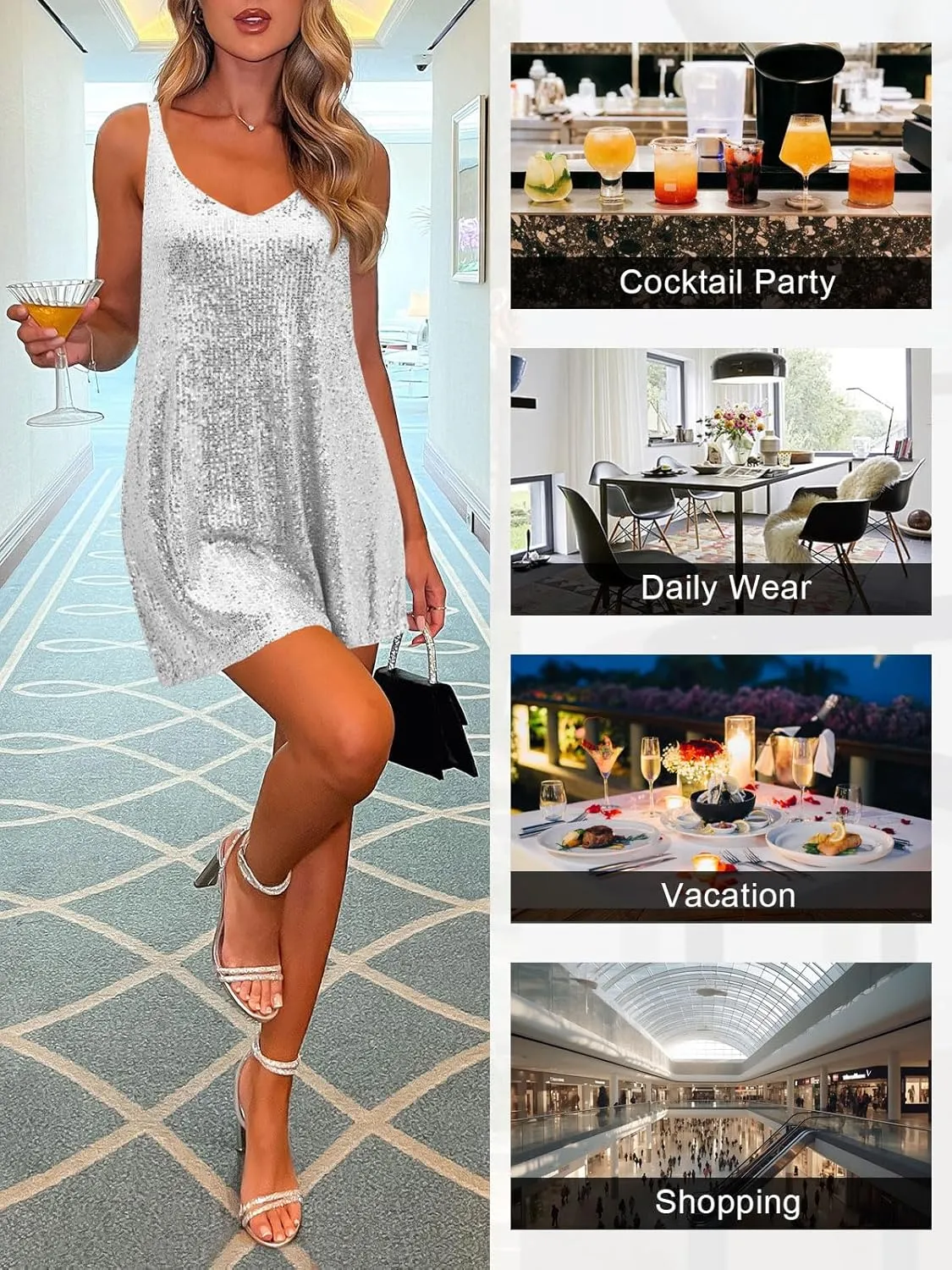 Women's Sequin Dress for Women Sparkly Glitter V Neck Shift Cocktail Disco Outfit Party Club Night Out Mini Dresses