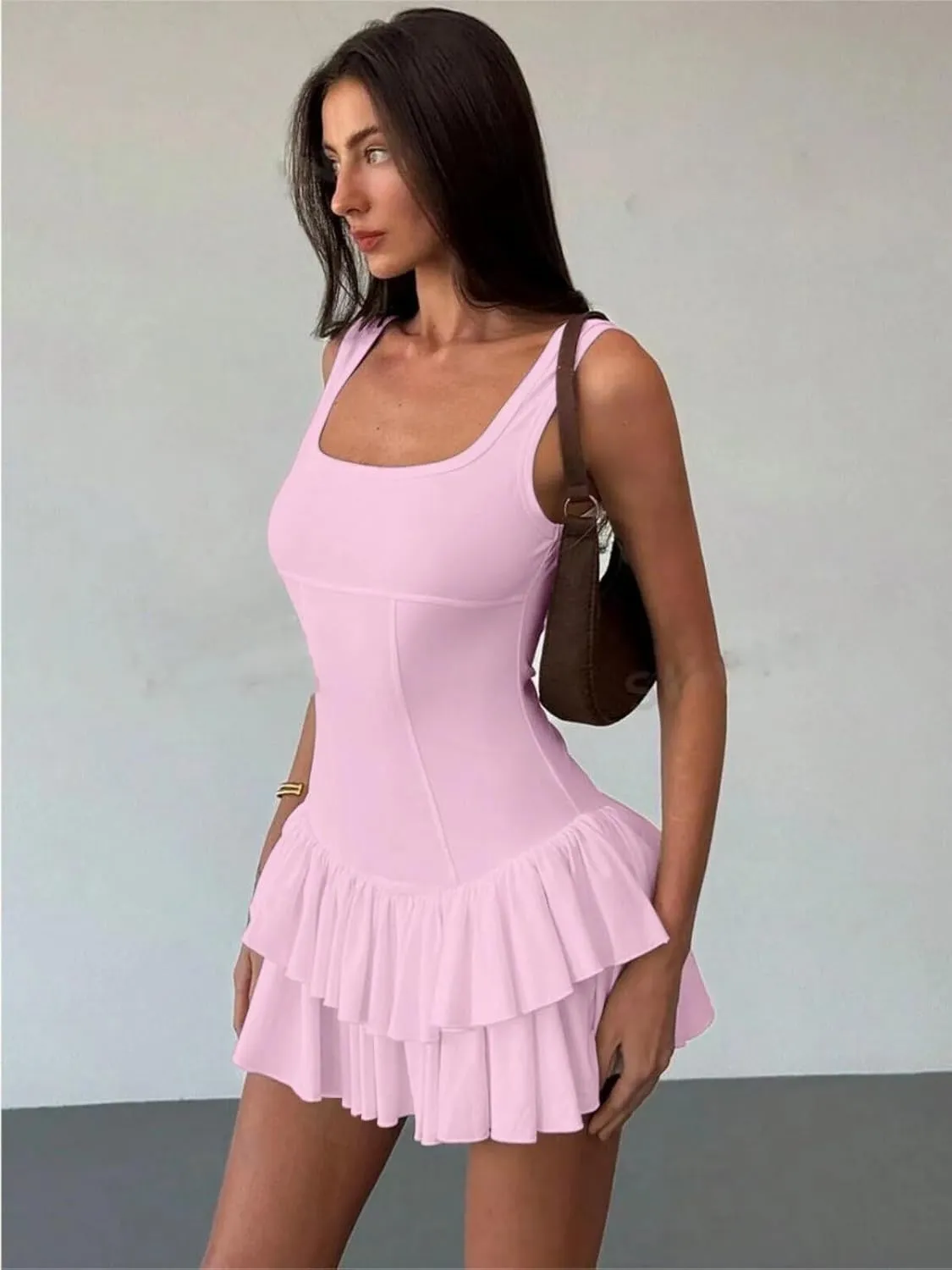 Women's Sexy Mini Dress 2025 Summer Square Neck Ruffle Ruched Corset Party Club Tank Short Dresses