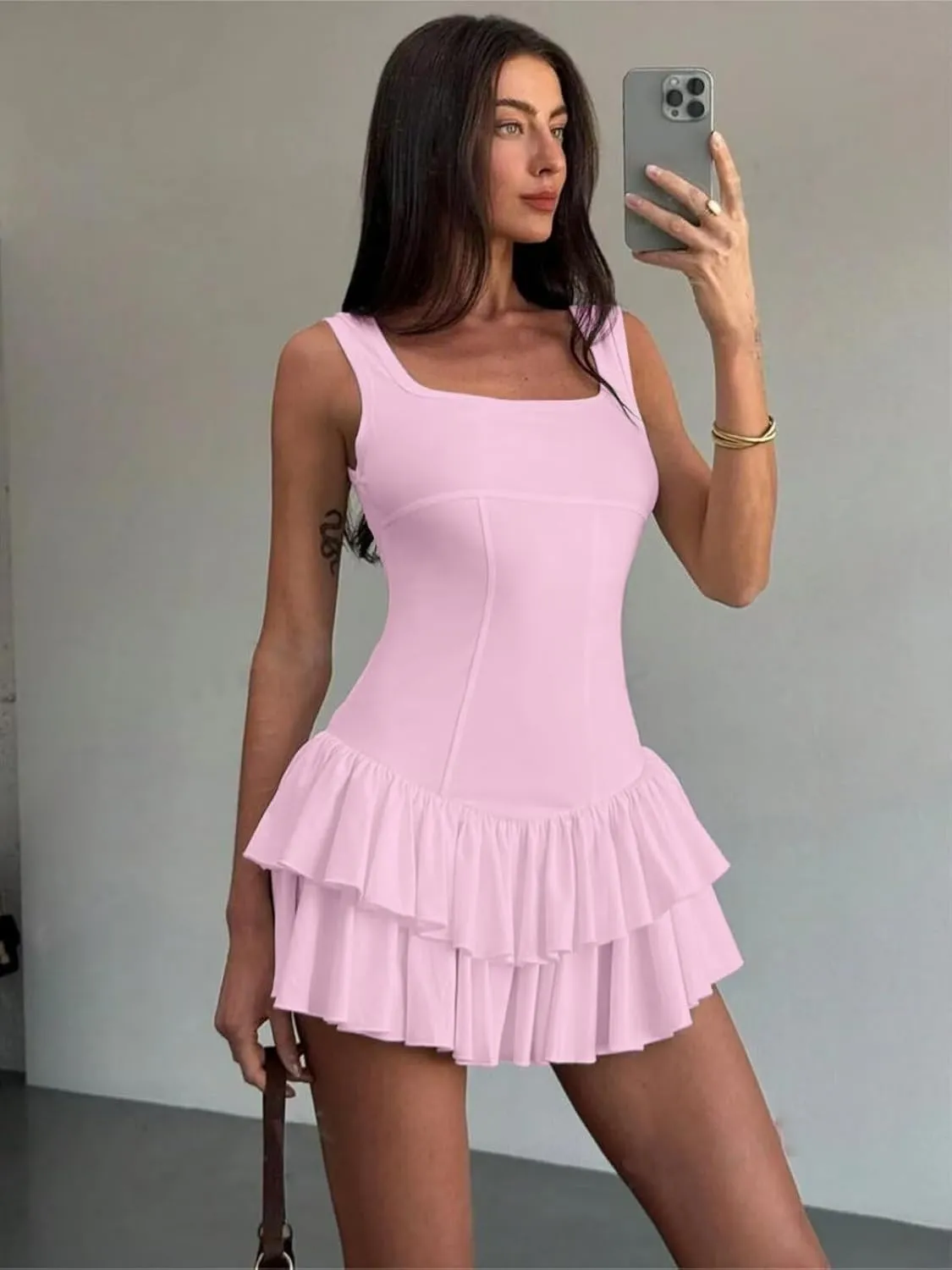 Women's Sexy Mini Dress 2025 Summer Square Neck Ruffle Ruched Corset Party Club Tank Short Dresses