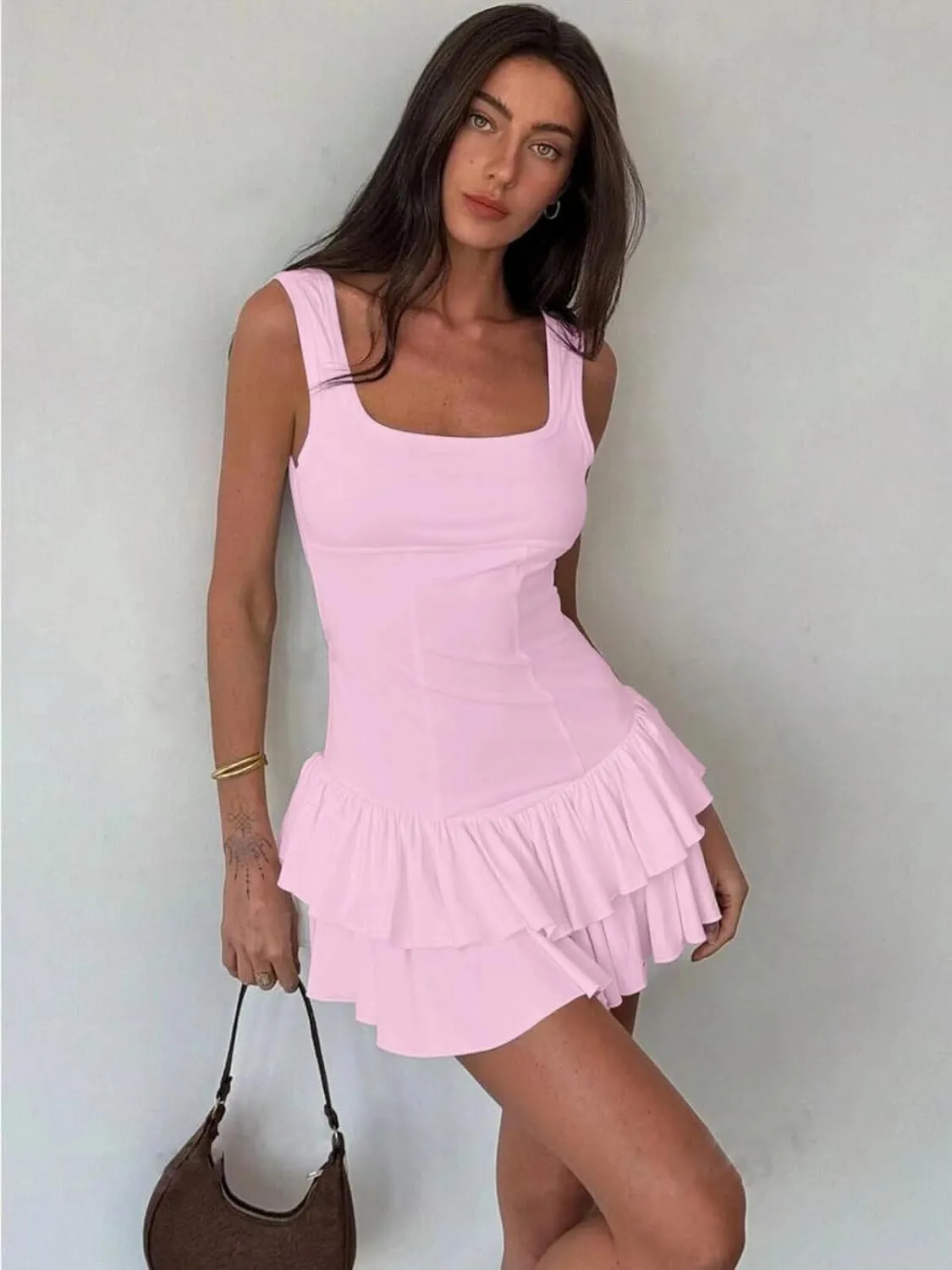 Women's Sexy Mini Dress 2025 Summer Square Neck Ruffle Ruched Corset Party Club Tank Short Dresses