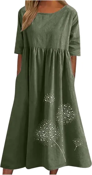 Women's Short Sleeve Linen Midi Dresses Trend Floral Print Casual Loose Plus Size Beach Dress for Women with Pockets