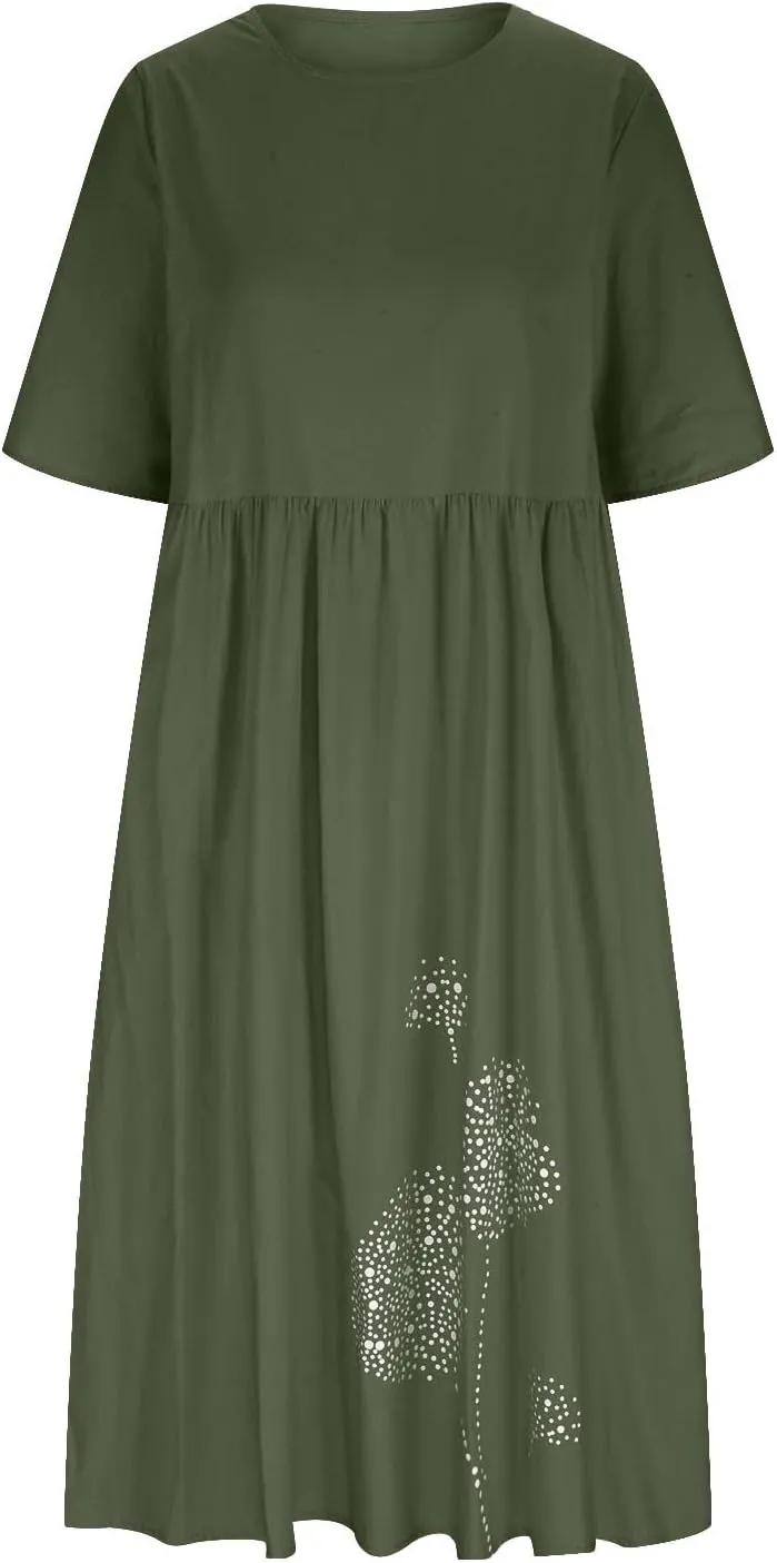 Women's Short Sleeve Linen Midi Dresses Trend Floral Print Casual Loose Plus Size Beach Dress for Women with Pockets