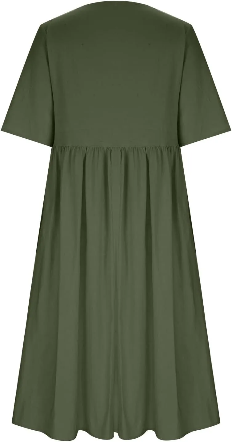 Women's Short Sleeve Linen Midi Dresses Trend Floral Print Casual Loose Plus Size Beach Dress for Women with Pockets