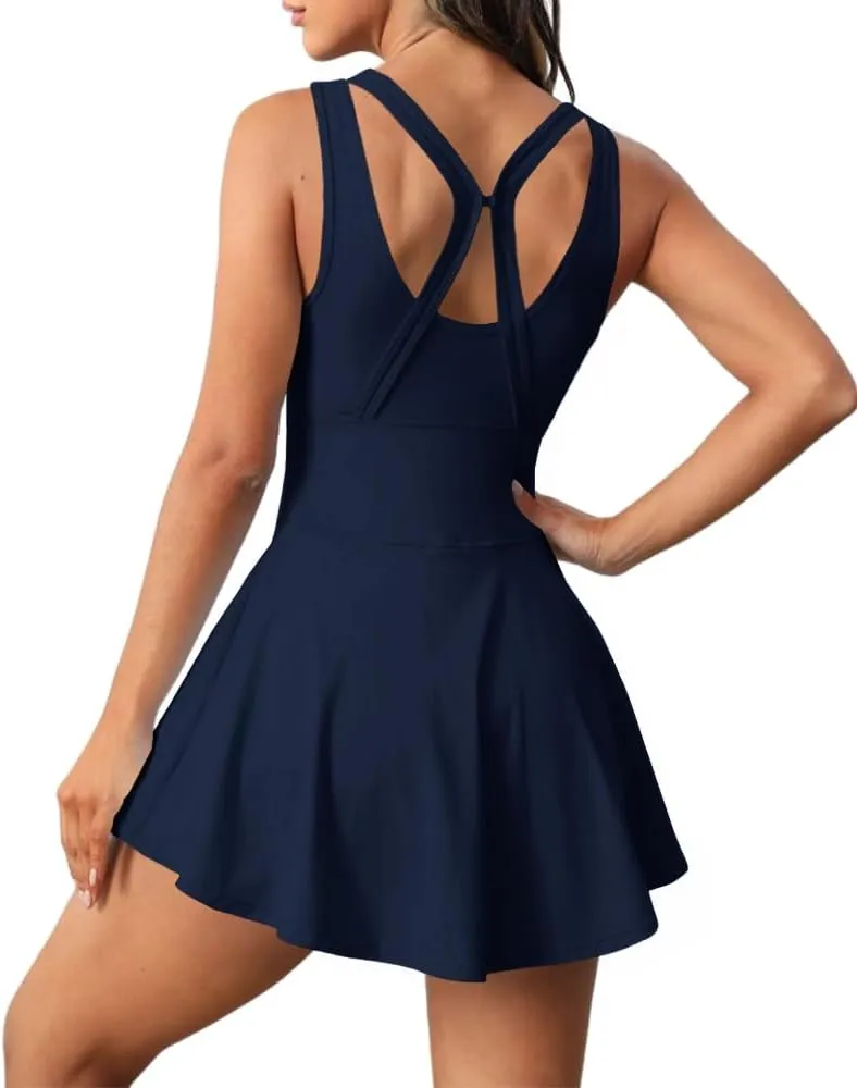 Womens Sleeveless 2-in-1 Athletic Tennis Golf Dress Underneath Workout Active Dresses with Built-in Shorts
