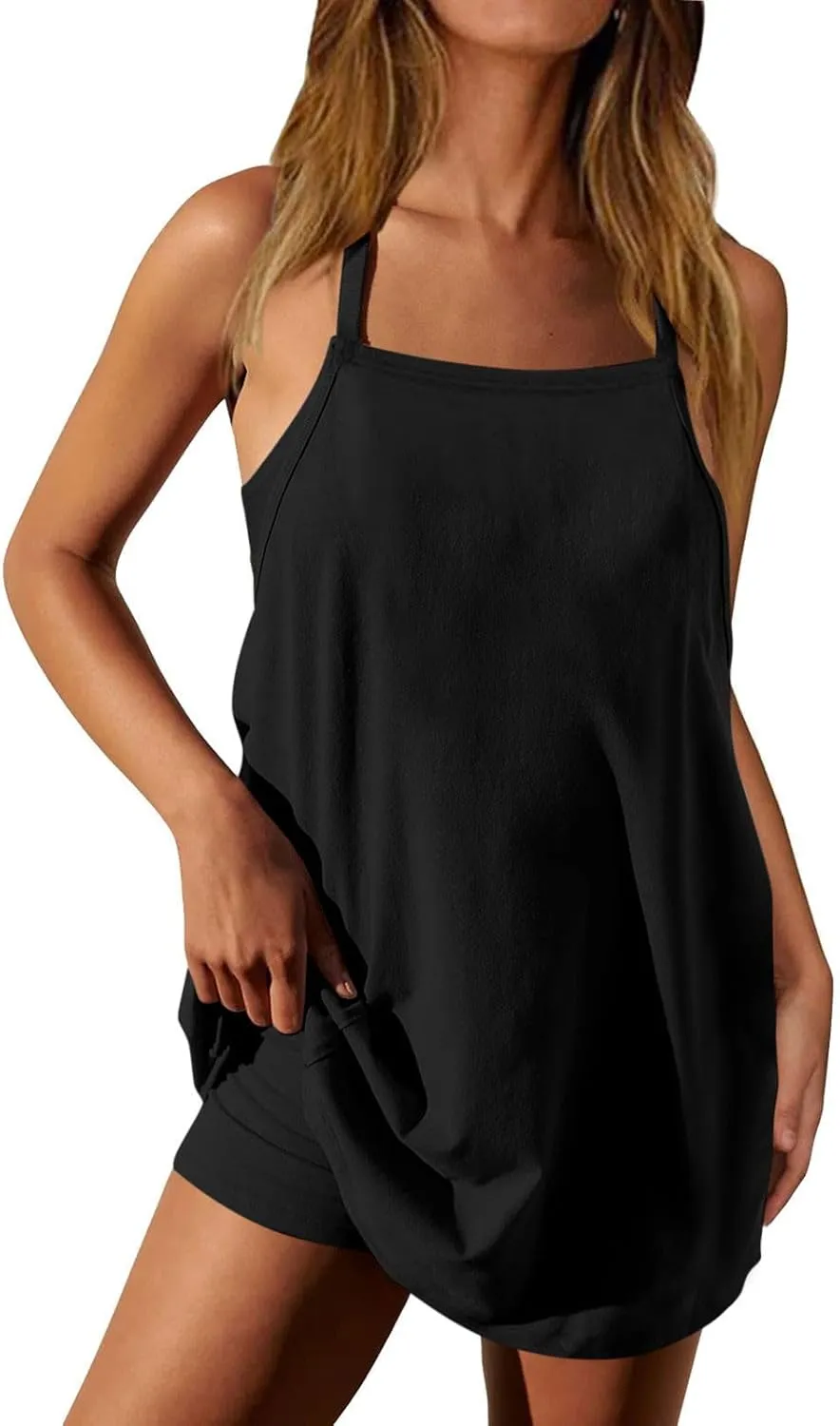 Womens Sleeveless Mini Dress with Built-in Shorts Summer Spaghetti Strap Romper Dresses Workout Sundress with Pockets