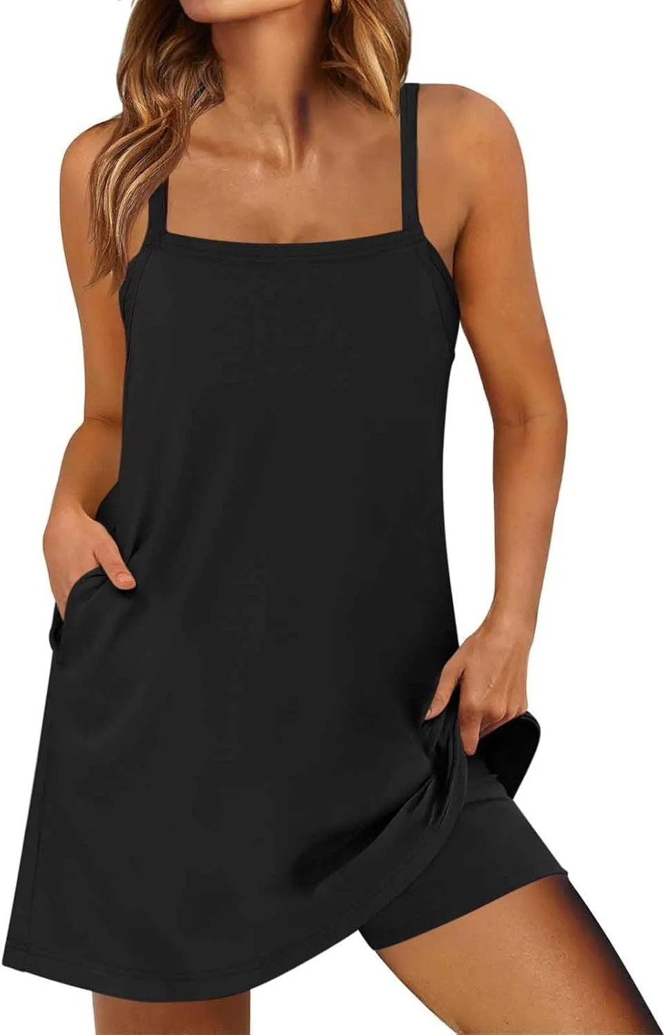 Womens Sleeveless Mini Dress with Built-in Shorts Summer Spaghetti Strap Romper Dresses Workout Sundress with Pockets