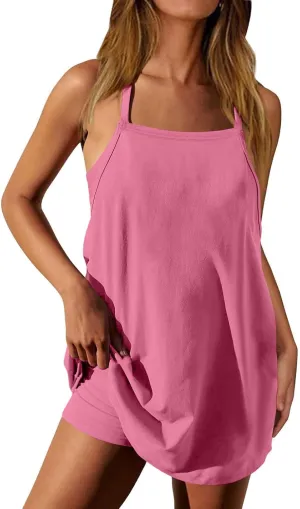 Womens Sleeveless Mini Dress with Built-in Shorts Summer Spaghetti Strap Romper Dresses Workout Sundress with Pockets