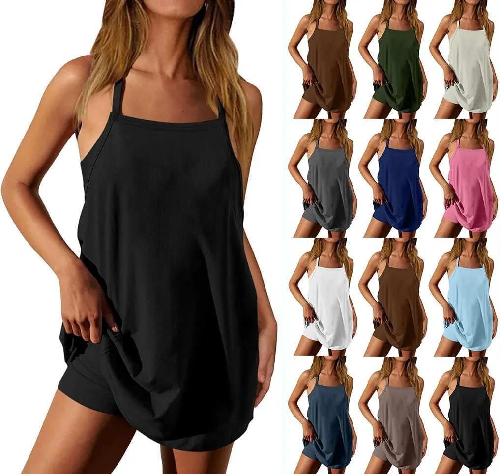 Womens Sleeveless Mini Dress with Built-in Shorts Summer Spaghetti Strap Romper Dresses Workout Sundress with Pockets